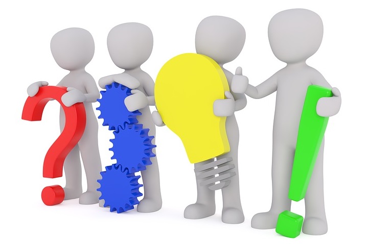 Four cartoon characters holding 3-D objects